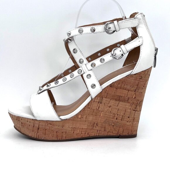 Marc Fisher White Leather Studded Cork Wedge Platform Sandals Heels Size 8M - Picture 12 of 15